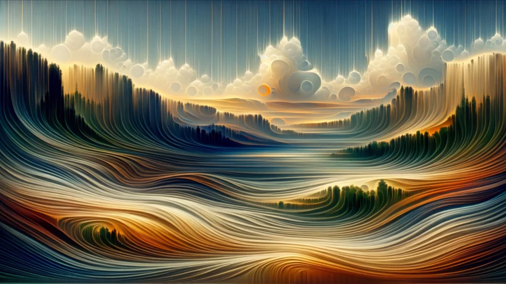Un paesaggio dipinto in formato verticale costruito interamente per linee: sottili tratti verticali scendono dal cielo azzurro verso l'orizzonte, dove si addensano nuvole formate da sfere bianche e grigie, mentre le colline e la distesa in primo piano sono percorse da fasce orizzontali ondulate nei toni del blu, del verde, dell'ocra e del bianco.