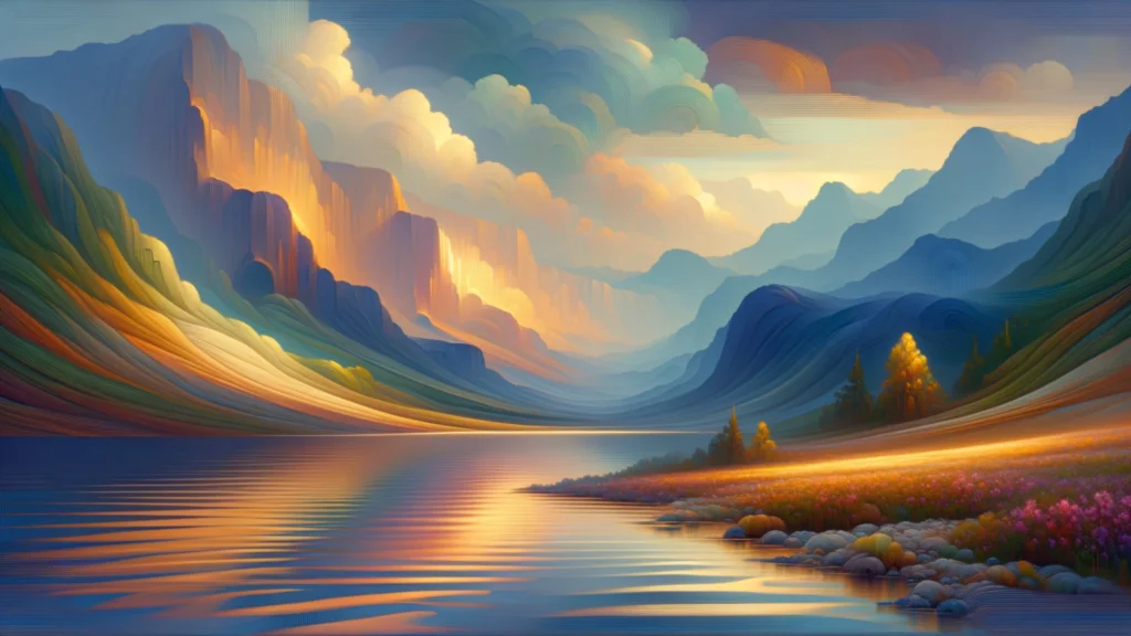 Un paesaggio dipinto in formato verticale, con un lago dalle acque increspate che riflette una luce dorata in primo piano, rilievi e pareti rocciose digradanti sui due lati e un cielo occupato da nubi tondeggianti nei toni del bianco, dell'azzurro e del verde chiaro; sulla destra una riva erbosa con alcuni alberi dalle chiome gialle.