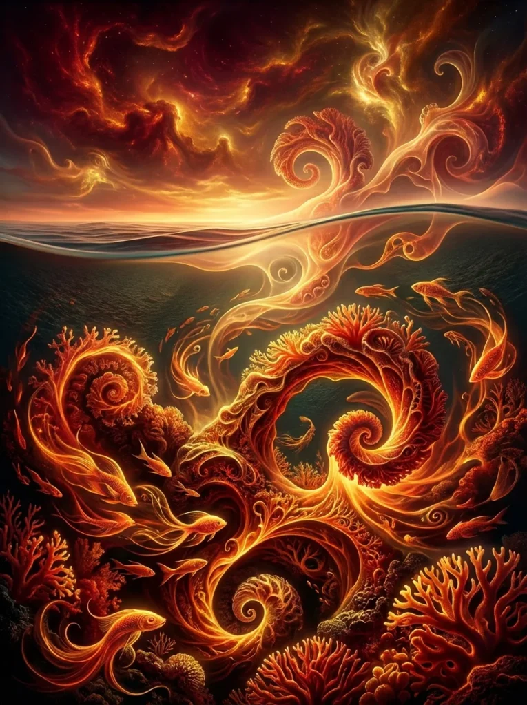 Un'immagine verticale divisa a metà dalla linea dell'orizzonte marino: sopra, un cielo scuro percorso da nubi rosse e dorate che si arricciano in volute; sotto, un fondale popolato da coralli, pesci e grandi vortici a spirale nei toni dell'arancio e del rosso, illuminati da una luce interna.