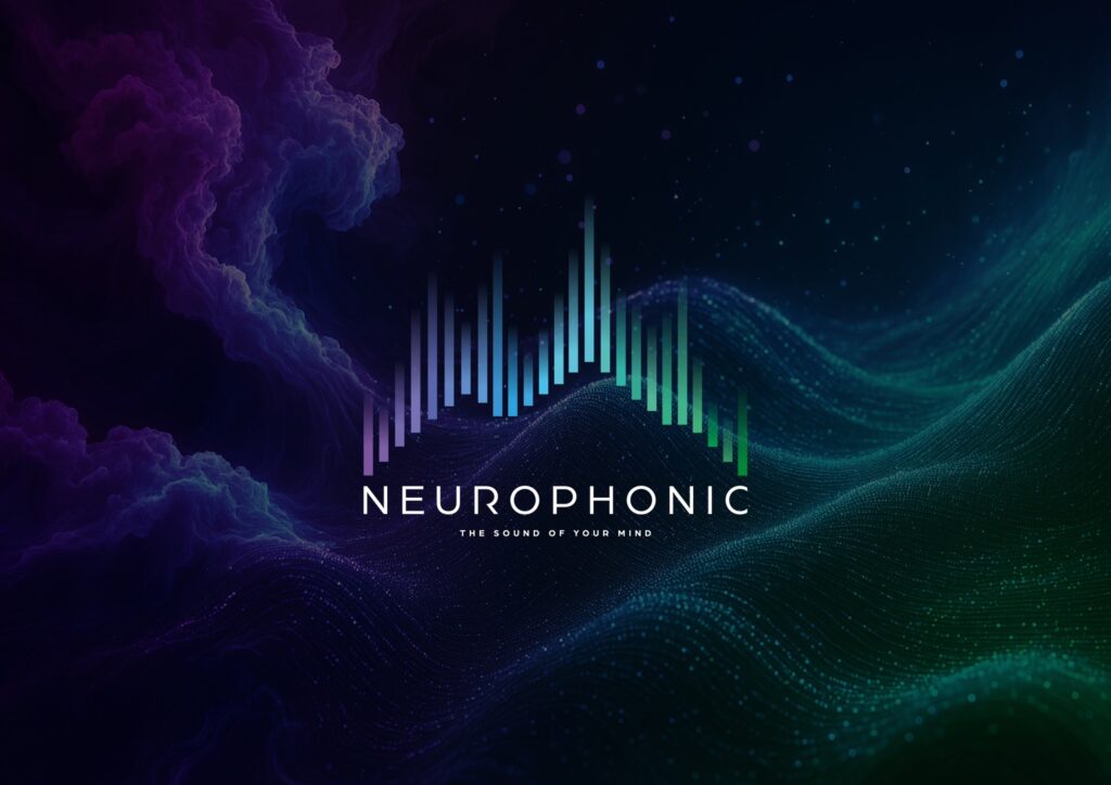 Il logo Neurophonic su fondo scuro: una serie di barre verticali di altezza diversa, sfumate dal viola al verde, disposte come un equalizzatore sopra la scritta NEUROPHONIC e la dicitura THE SOUND OF YOUR MIND; sullo sfondo, nubi viola a sinistra e un'onda formata da fitti punti luminosi verdi e azzurri a destra.