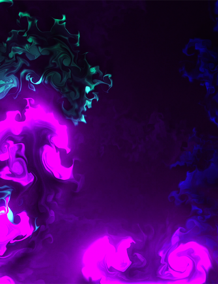 Un'opera astratta in formato verticale: volute e vortici fluidi in tonalità verdi, magenta e viola si concentrano lungo il bordo sinistro e negli angoli, su un ampio fondo scuro quasi nero che occupa il centro. Alcune tracce blu e viola compaiono anche a destra e in basso.