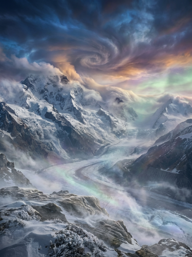 Opera d'arte digitale raffigurante un paesaggio montano innevato con ghiacciai, una valle glaciale al centro e un cielo drammatico percorso da un vortice di nuvole e da riflessi iridescenti