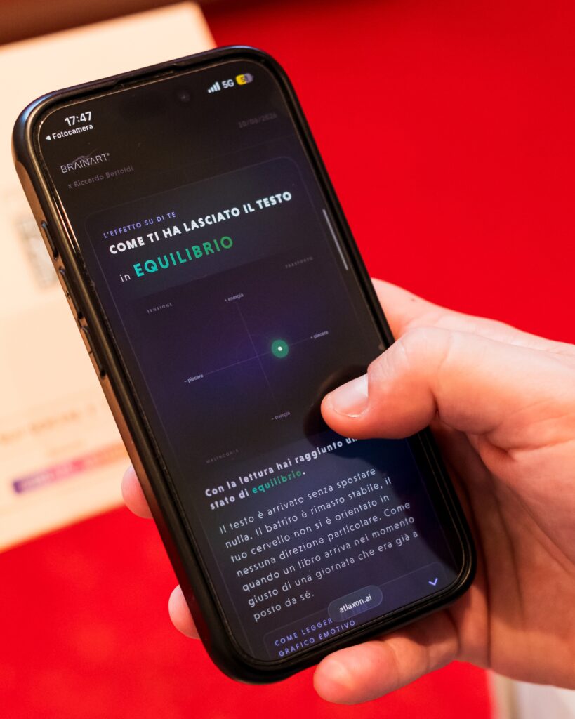 Una mano tiene uno smartphone che mostra la dashboard BrainArt® con la sezione "Come ti ha lasciato il testo: in equilibrio", un grafico emotivo a quadranti con un punto verde vicino al centro e un testo descrittivo.
