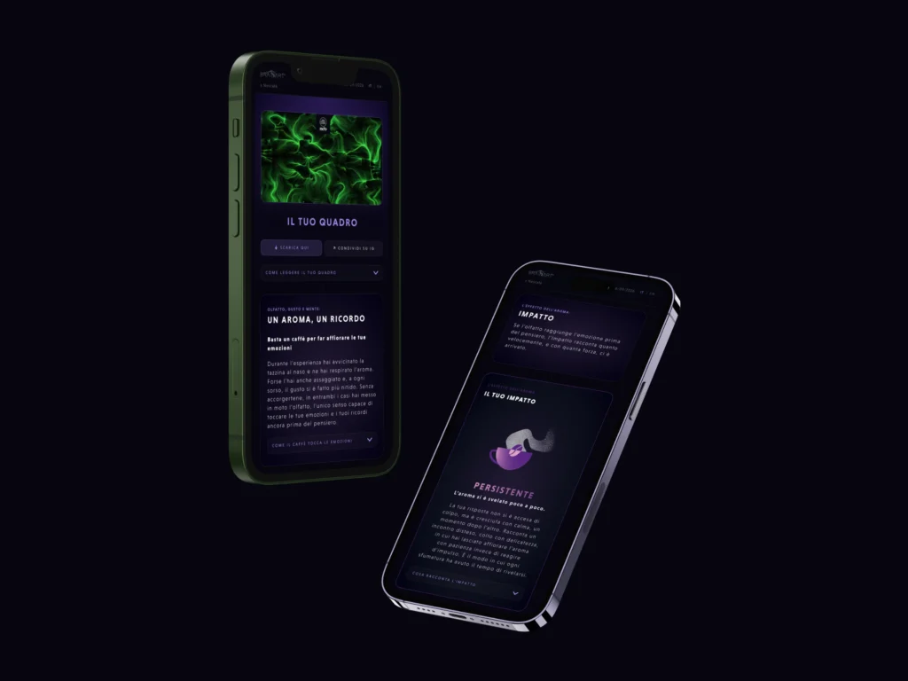 Due smartphone con la dashboard BrainArt del lancio Nescafé Dolce Gusto NEO: l'opera visiva personale e la metrica Impatto sul profilo persistente.