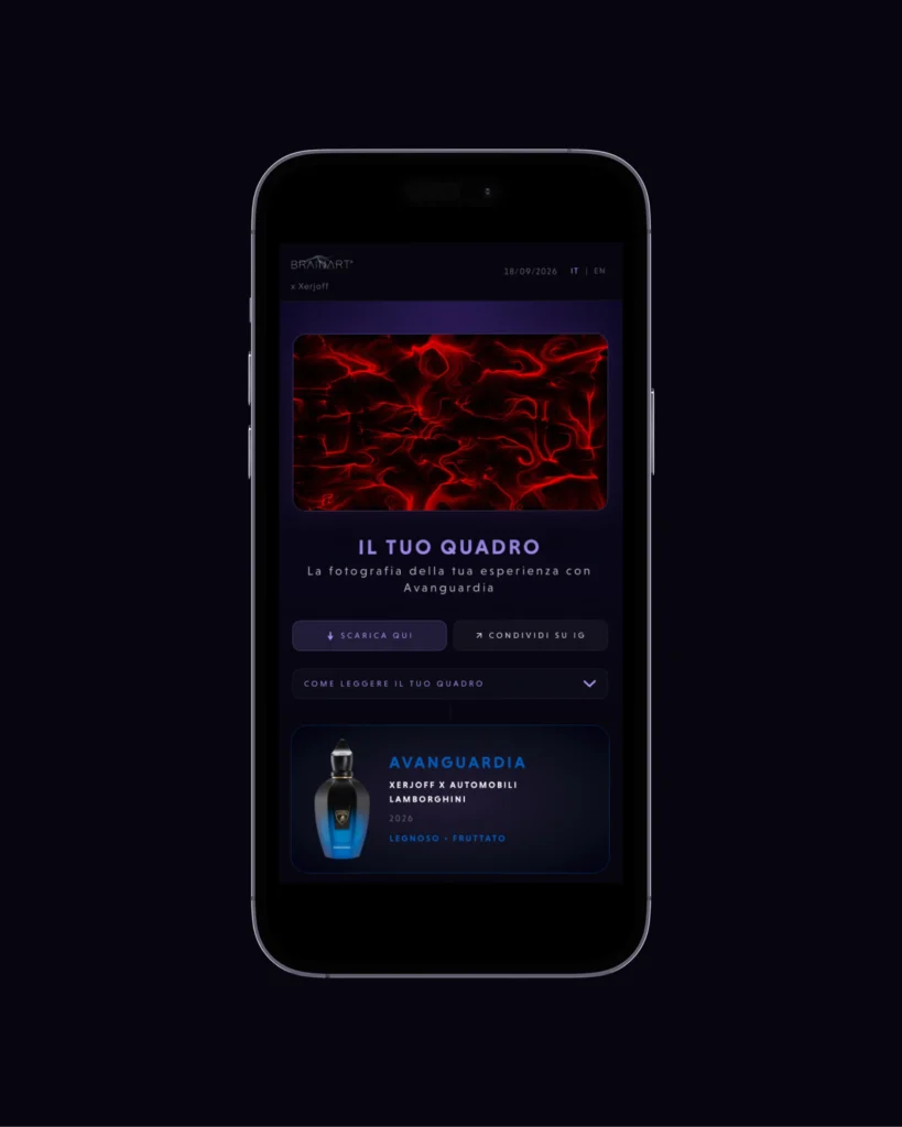 Schermata della dashboard BrainArt® su smartphone: l'opera generata in tonalità rosse, i pulsanti per scaricarla e condividerla, e la scheda della fragranza Avanguardia.