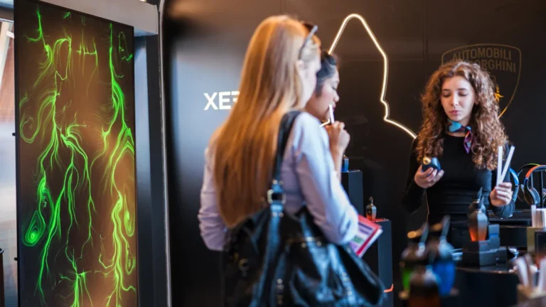 All'interno del pop-up, uno schermo mostra un'opera dai vortici verdi mentre due ospiti scoprono le fragranze e una persona dello staff prepara le mouillette, sotto i loghi Xerjoff e Automobili Lamborghini.